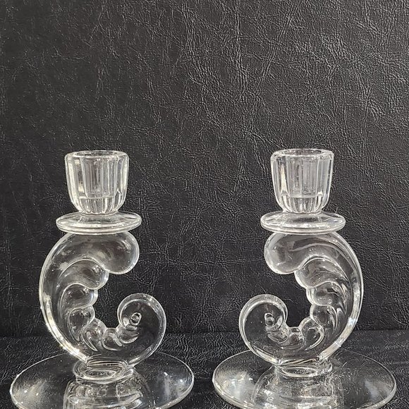 Rare Find Art Deco MCM Fostoria "Plume" Solid Clear Lead Crystal Pair of Candle - Picture 1 of 10